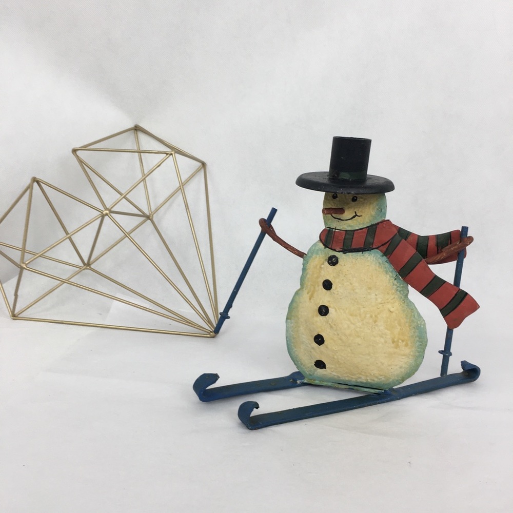 Metal Snowman On Skis Candle Holder